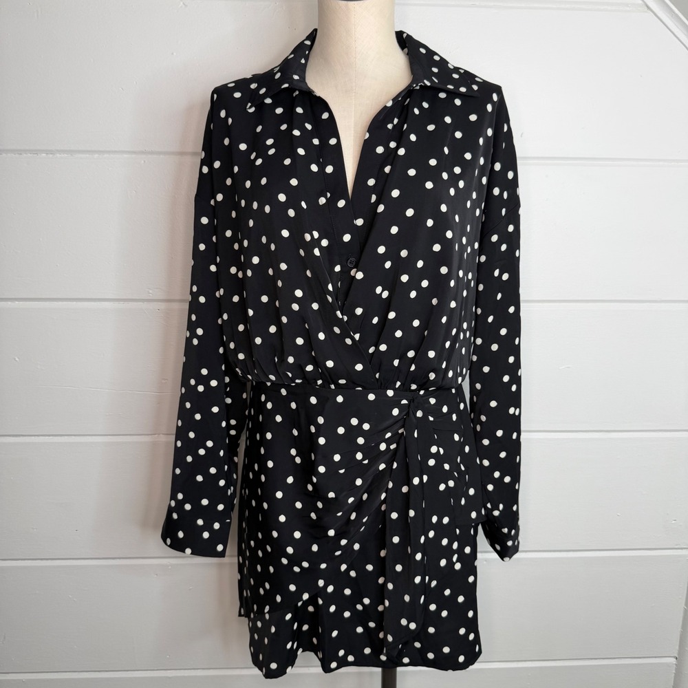 Abercrombie‎ & Fitch Large Polka Dot Dress Long Sleeve Faux Wrap Black White NWT